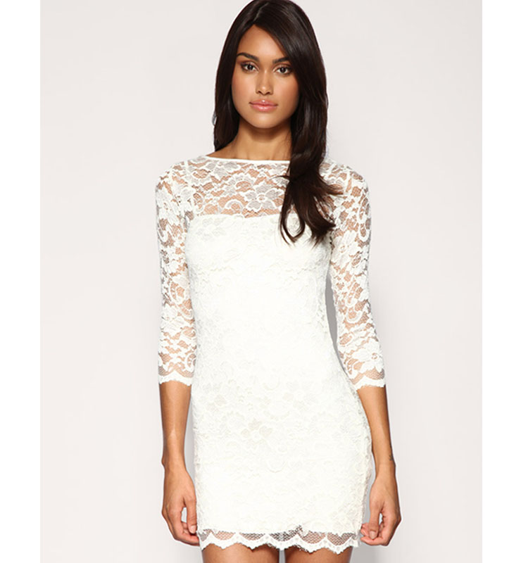 White Lace Slash Neck Dress N6573