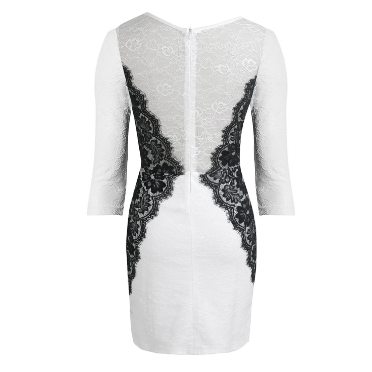 Round Collar Lace Splicing Color Dress, Elegant Full Lace Dress, Double-Deck Lace Dress, Sexy See-through Mini Dress, White Lace Mini Dress, #N7593