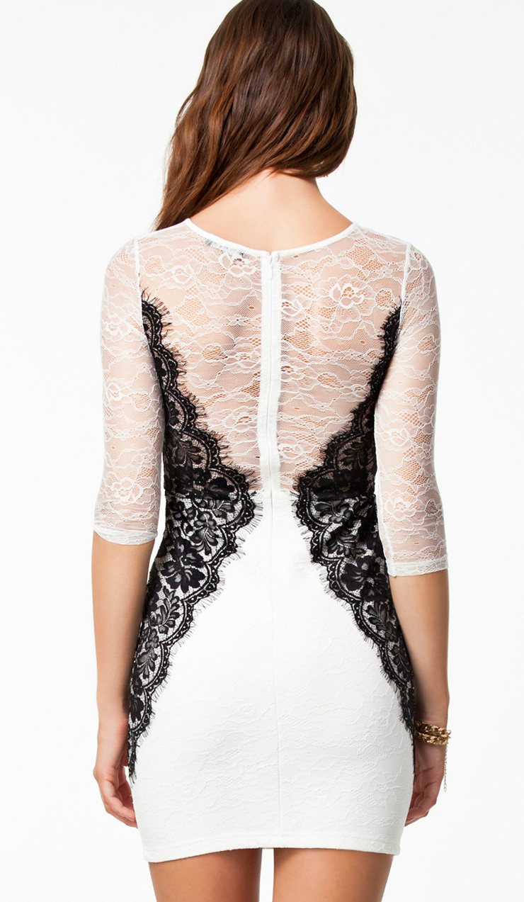 Round Collar Lace Splicing Color Dress, Elegant Full Lace Dress, Double-Deck Lace Dress, Sexy See-through Mini Dress, White Lace Mini Dress, #N7593