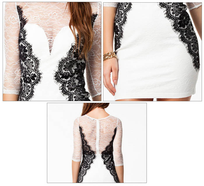 Round Collar Lace Splicing Color Dress, Elegant Full Lace Dress, Double-Deck Lace Dress, Sexy See-through Mini Dress, White Lace Mini Dress, #N7593