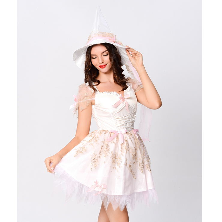 Lovely Vintage Witch Costume, Adult Magic Witch Halloween Party Dress, Sexy Magic Witch Costume, Fashion Cute Witch Womens Costume, Adult Magic Witch Mini Dress Costume, Pure White Witch Costume, #N20163