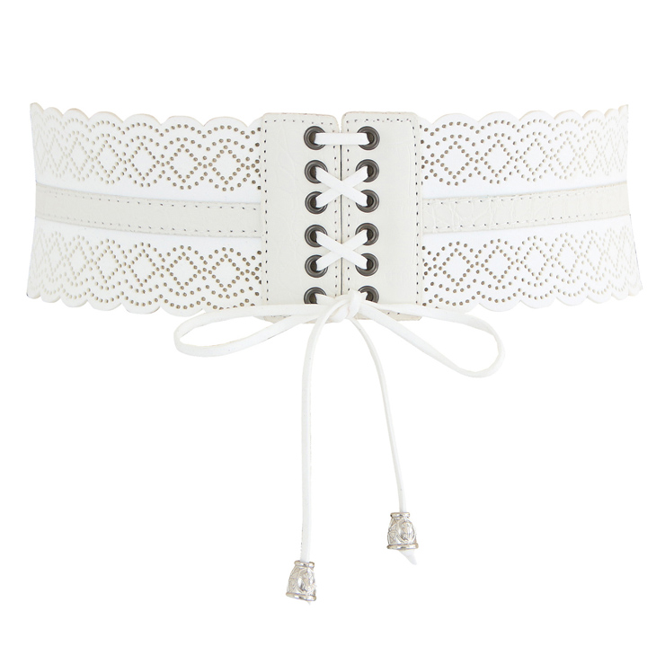 Fashion White Leather Stretch Waistband Front Laceup Hollow Cincher Corset Belt N14799