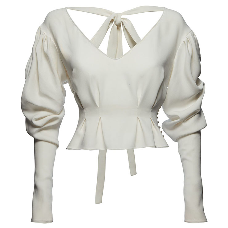 Women's Elegant White V Neck Back Halter Long Puff Sleeve Plain Blouse ...