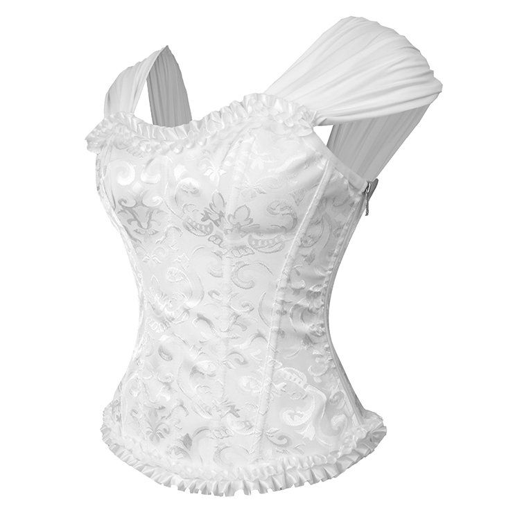 White bustier, vintage corset, brocade corset, ruffle trim, Baroque style, dance costume, Renaissance wear, lace-up back, theatrical corset, historical costume, metallic brocade, vintage performance wear, puffed sleeve corset, bridal corset, adjustable corset #N237869