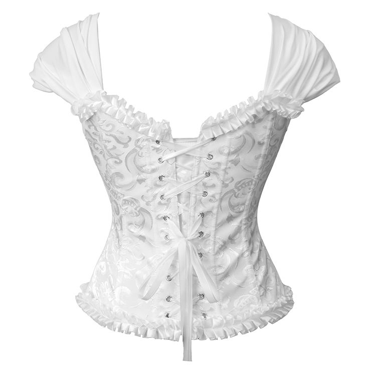 White bustier, vintage corset, brocade corset, ruffle trim, Baroque style, dance costume, Renaissance wear, lace-up back, theatrical corset, historical costume, metallic brocade, vintage performance wear, puffed sleeve corset, bridal corset, adjustable corset #N237869