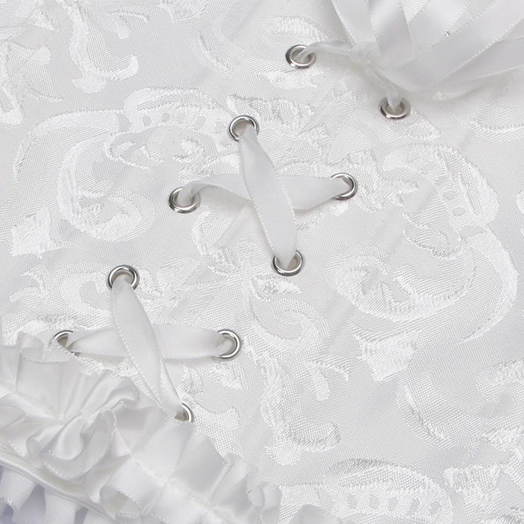 White bustier, vintage corset, brocade corset, ruffle trim, Baroque style, dance costume, Renaissance wear, lace-up back, theatrical corset, historical costume, metallic brocade, vintage performance wear, puffed sleeve corset, bridal corset, adjustable corset #N237869