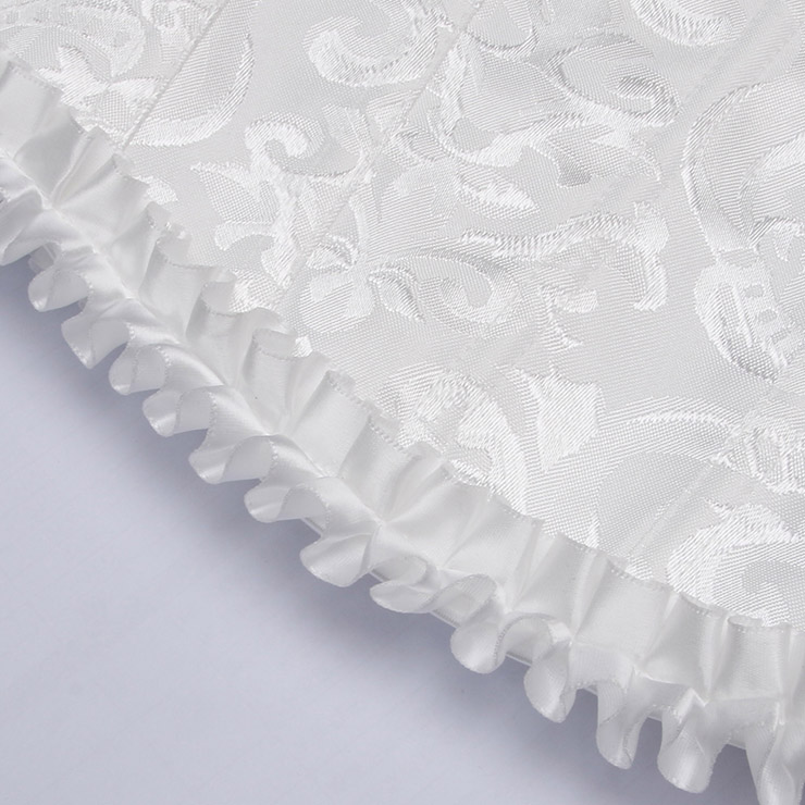 White bustier, vintage corset, brocade corset, ruffle trim, Baroque style, dance costume, Renaissance wear, lace-up back, theatrical corset, historical costume, metallic brocade, vintage performance wear, puffed sleeve corset, bridal corset, adjustable corset #N237869