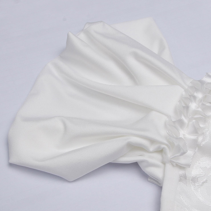 White bustier, vintage corset, brocade corset, ruffle trim, Baroque style, dance costume, Renaissance wear, lace-up back, theatrical corset, historical costume, metallic brocade, vintage performance wear, puffed sleeve corset, bridal corset, adjustable corset #N237869