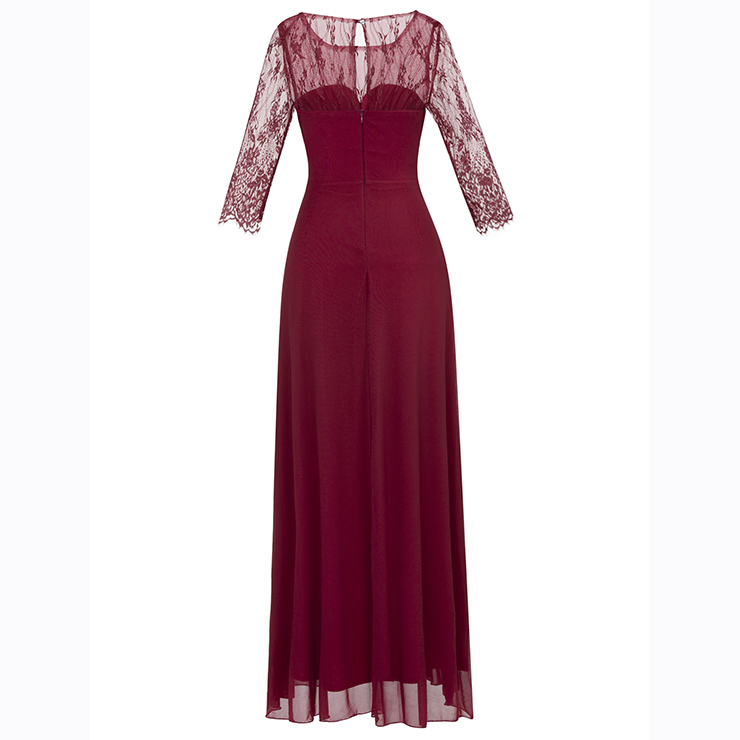 Women's Wine Red Half Sleeve Round Neck Beaded Ruched Evening Dress N15757