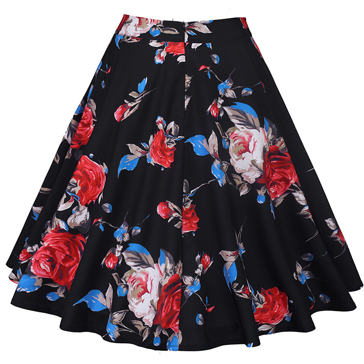 Women Red Rose Floral Pleated Knee Length Aline Skirt N14211