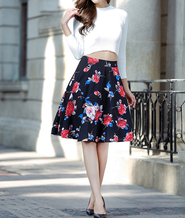 Women Red Rose Floral Pleated Knee Length A-line Skirt N14211