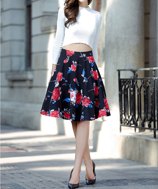 Women Red Rose Floral Pleated Knee Length A-line Skirt N14211