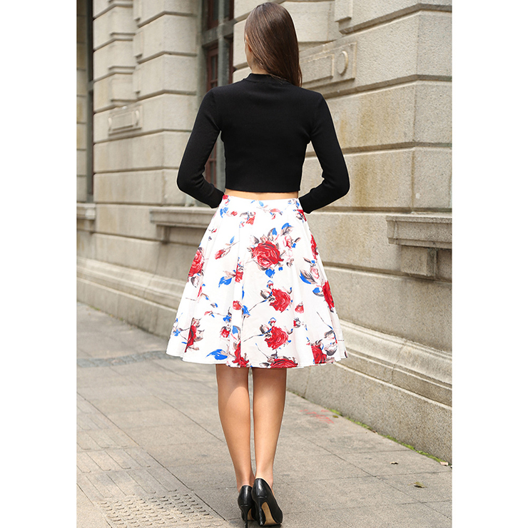 Women Red Rose Floral Pleated Knee Length A-line Skirt N14212