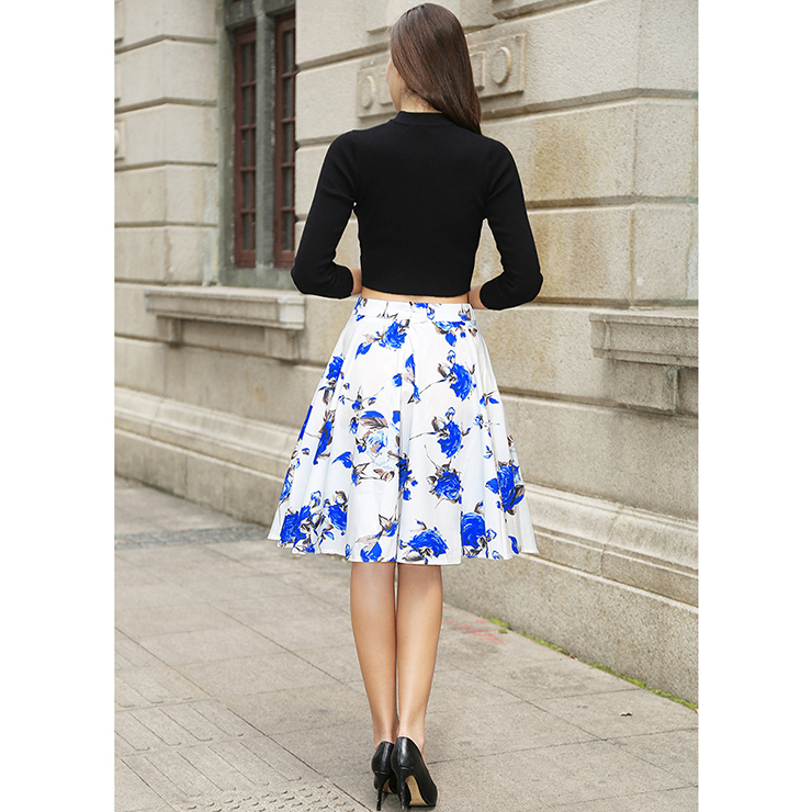 Women Blue Rose Floral Pleated Knee Length A-line Skirt N14213