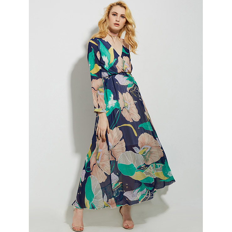 Women's Floral Wrap V Neck Long Sleeve Maxi Dress N14467