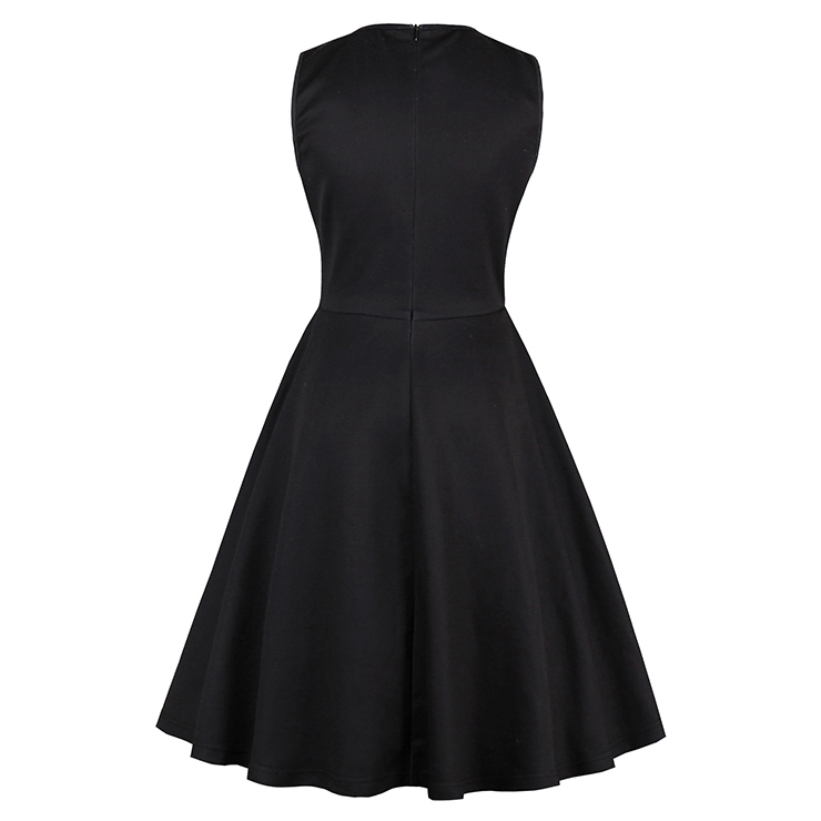 Women's Round Neck Sleeveless Black Casual Day Dress N14731