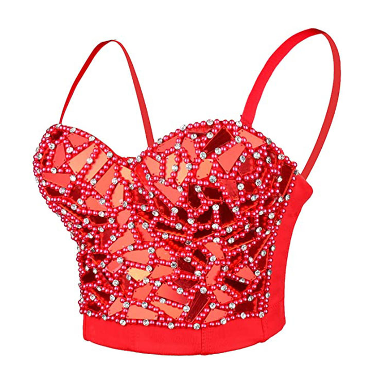 Women's Sexy Red Sequins And Beads B Cup Bustier Bra Clubwear Crop Top ...