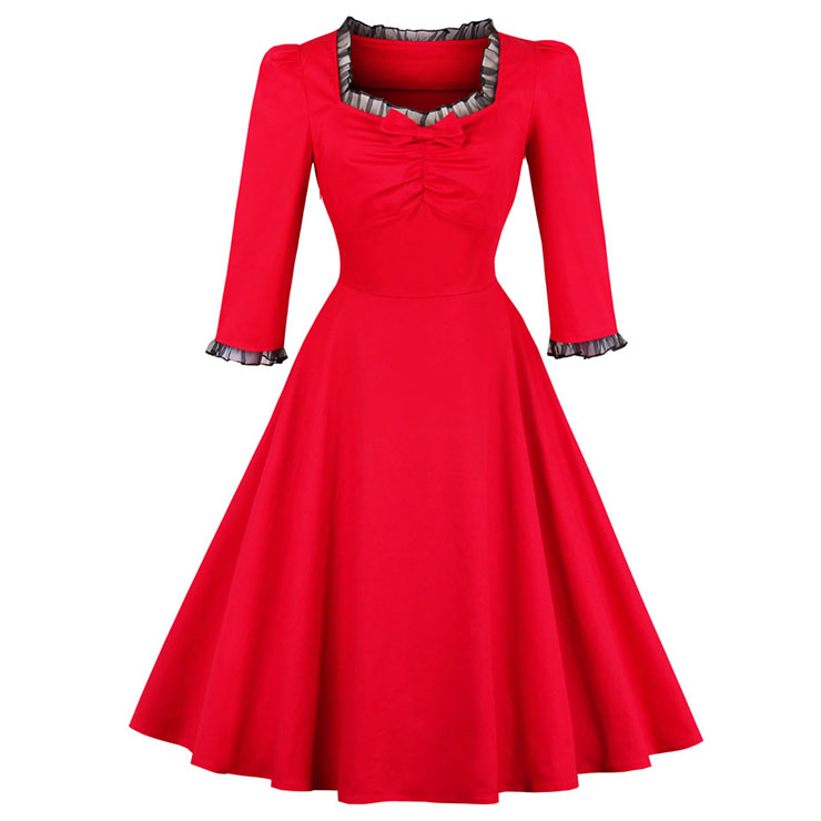 Women's Vintage Red Square Neck 3/4 Length Sleeve A-Line Swing Dress N14536