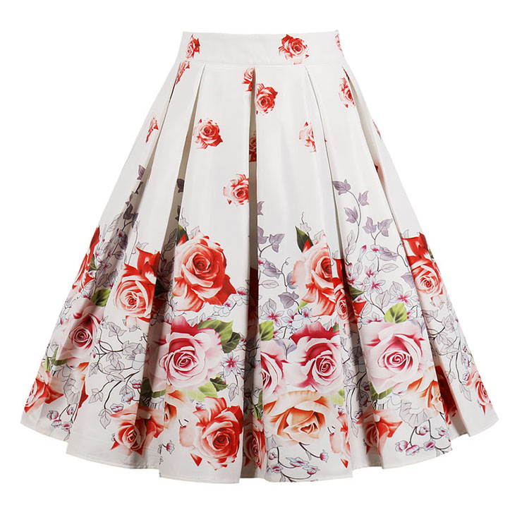 Women's Retro Vintage Rose Print High Waisted Flared Pleated Skater Skirt HG16489