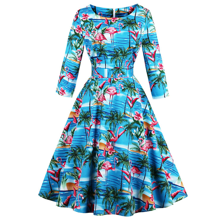 Women's Retro Vintage Round Neck 3/4 Length Sleeve Flamingo Print A-Line Swing Dress N14725