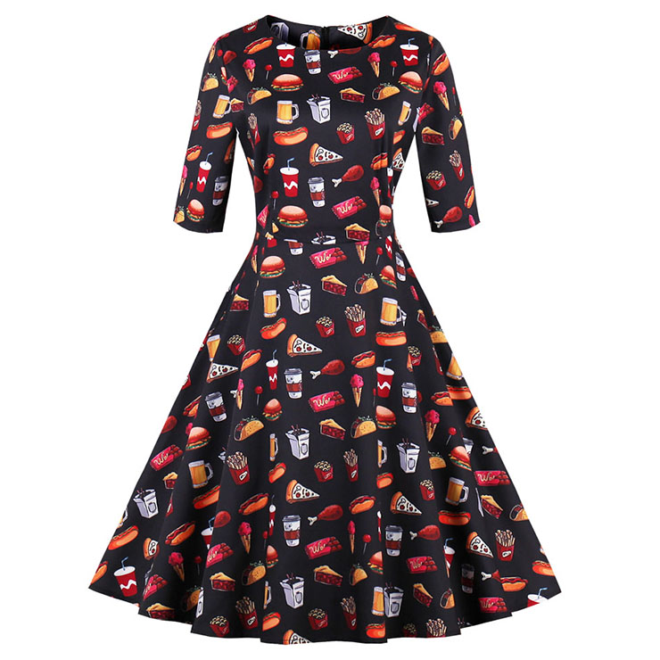 Women's Vintage Round Neck Half Sleeve Food Print A-Line Swing Party Dress N14730