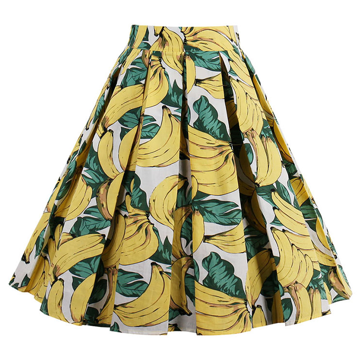 Vintage Banana Print Striped High Waisted Flared Pleated Skirt HG15048