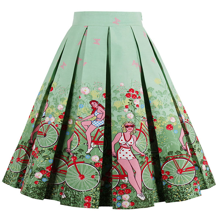 Vintage Beauties Print Striped High Waisted Flared Pleated Skirt HG15044