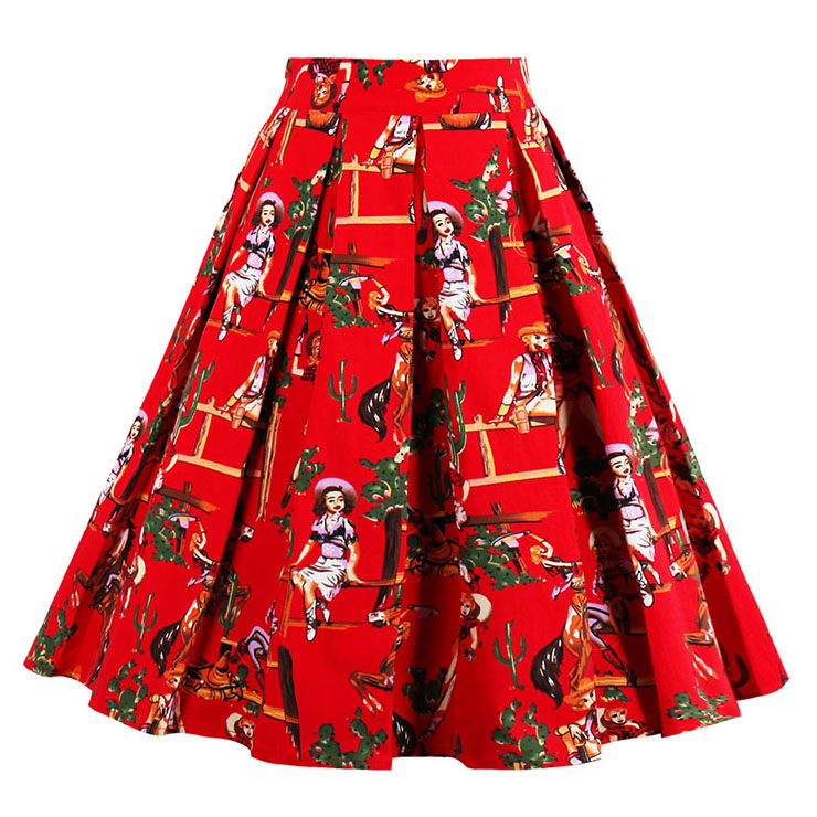 Vintage Figures Print Striped High Waisted Flared Pleated Skirt HG15043