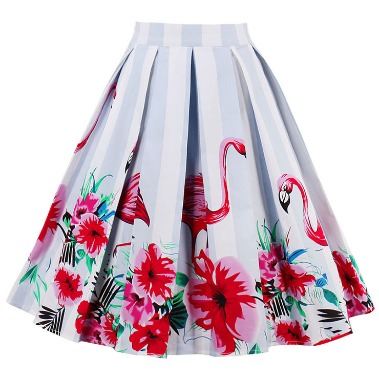 Vintage Flamingo Flowers Print Striped High Waisted Flared Pleated Skirt HG15040