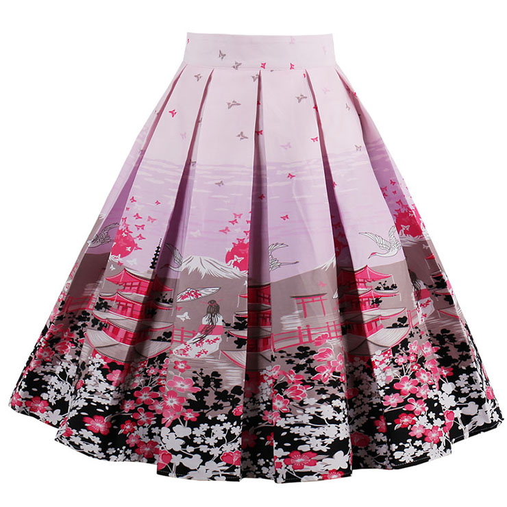 Vintage Japanes Scenery Print Striped High Waisted Flared Pleated Skirt HG15042