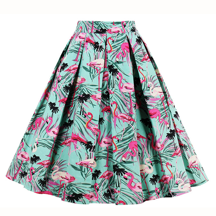 Vintage Pink Flamingo Print High Waisted Flared Pleated Skirt HG15039