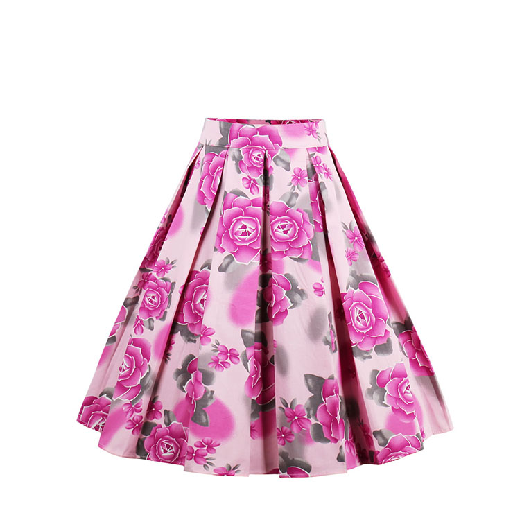 Vintage Rose Print High Waisted Flared Pleated Skirt HG12790