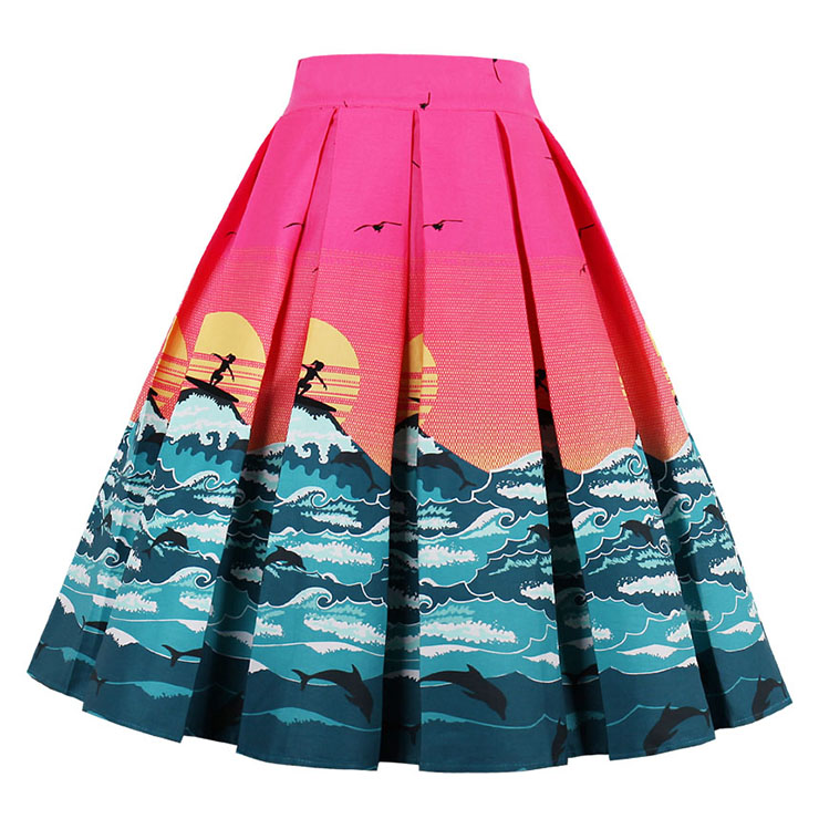 Vintage Seascape Print Striped High Waisted Flared Pleated Skirt HG15050