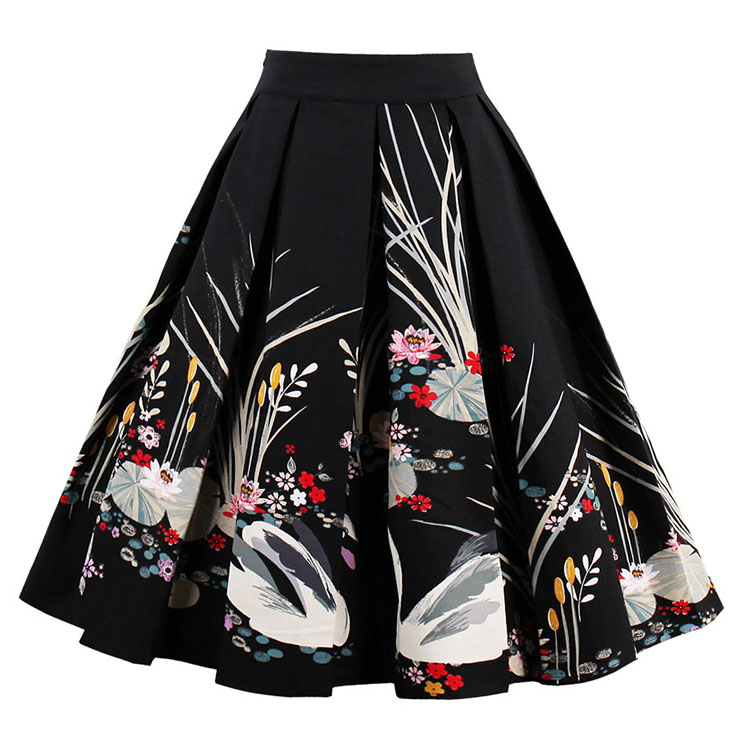 Vintage Swan Flowers Print Striped High Waisted Flared Pleated Skirt HG15041