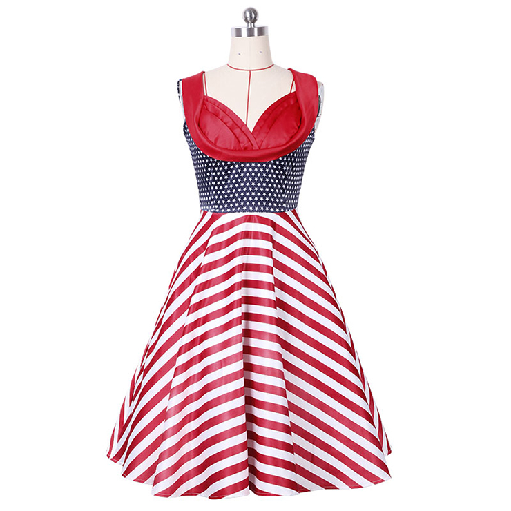 Women's 1950's Vintage V-Neck Stripe Cocktail Party Dress N14156