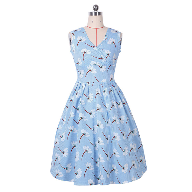 Women's 1950's Vintage V-neck Blue Casual Party Cocktail Dress N14163