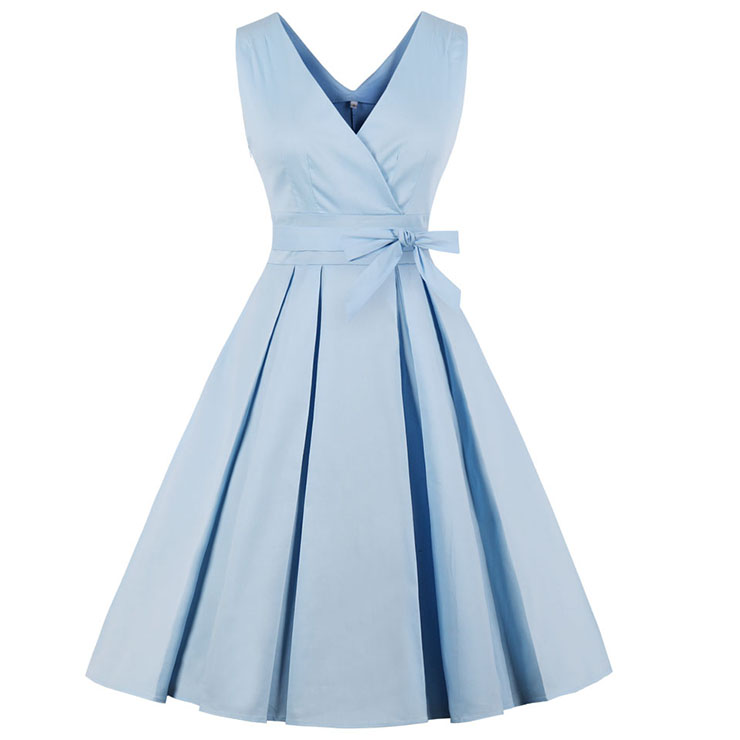 Women's Light-Blue 1950's Vintage Deep V Cocktail Party Dress N17549