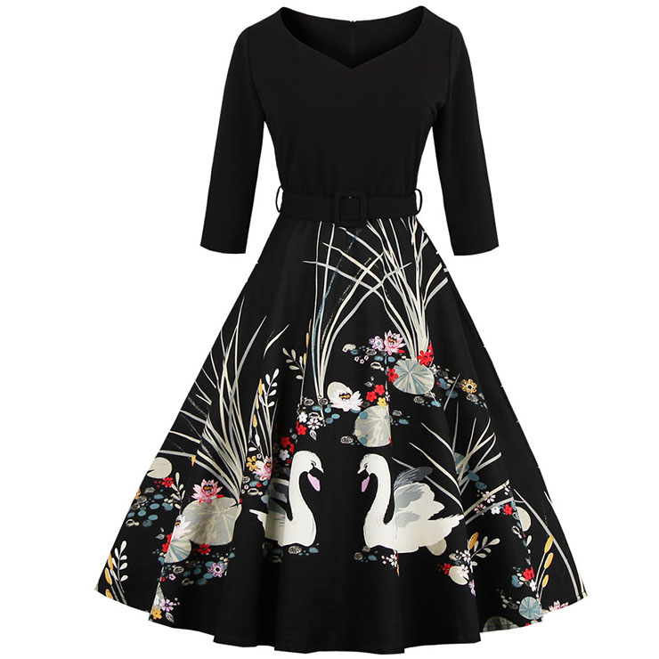 Vintage Retro Floral Print Cocktail Party Casual Swing Dress N12152