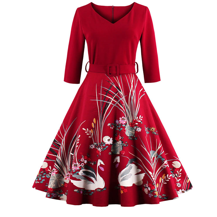 Vintage Retro Floral Print Cocktail Party Valentine Dress N12445