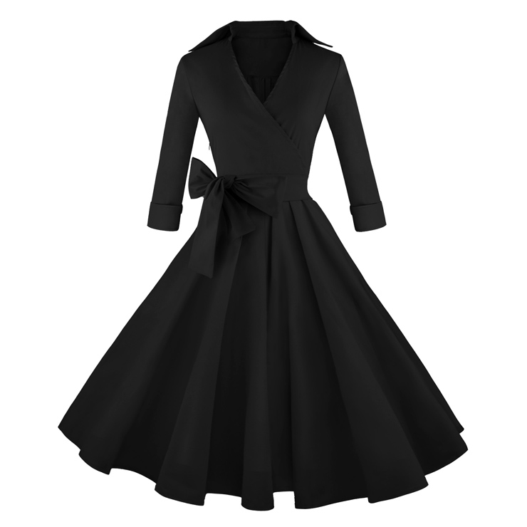 Women's Black Deep-V Neck Half Sleeve Bow Belt Vintage Casual Swing Dress N11096