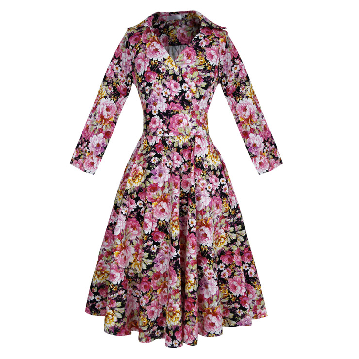 1950's Vintage Floral Print Half Sleeve Casual Swing Dress N11548