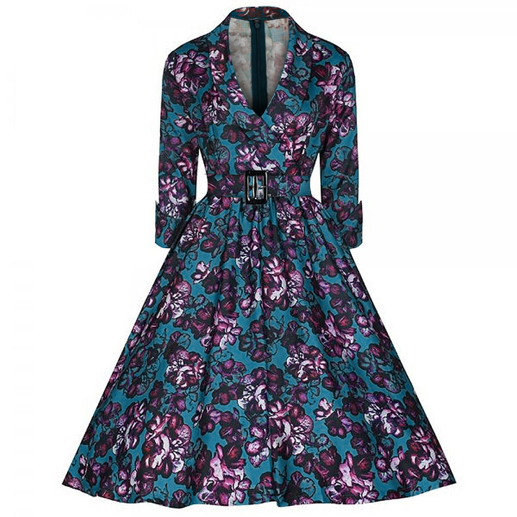 Vintage Floral Deep-V Neck Half Sleeve Belt Casual Swing Dress N11490