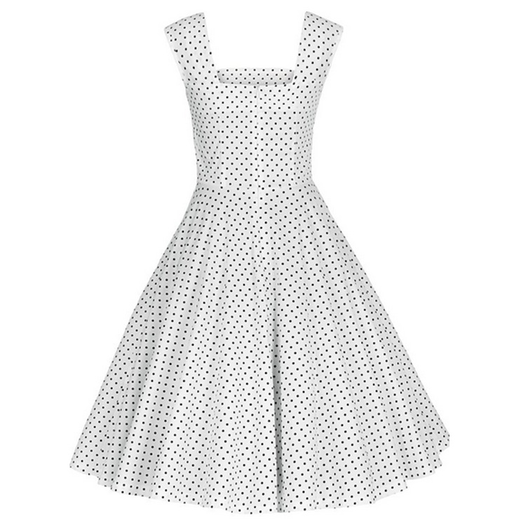 1950 S Vintage Polka Dot Square Neck Sleeveless Swing Dress For