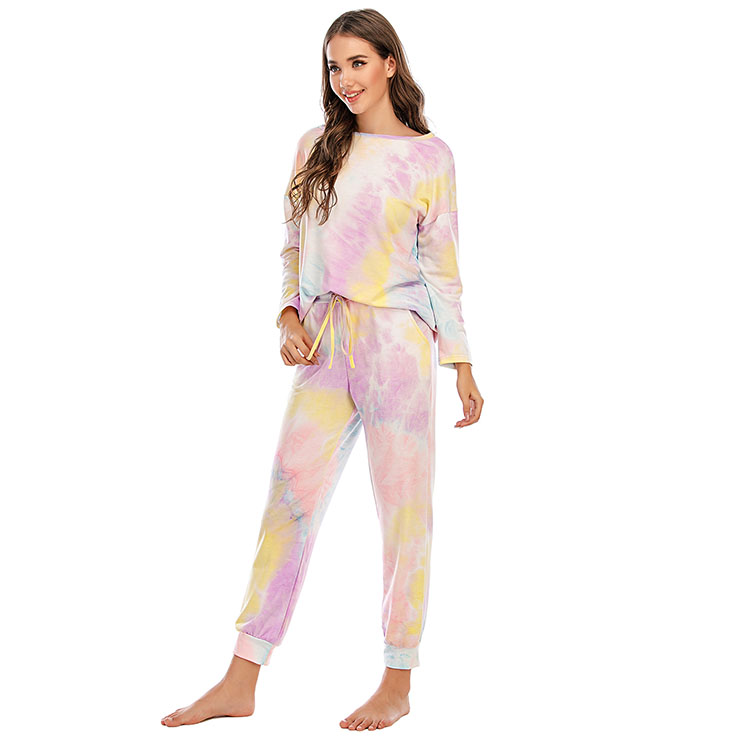 Casual Women's Tracksuit Tie-dye Gradient Print Long Sleeve Sleepwear ...