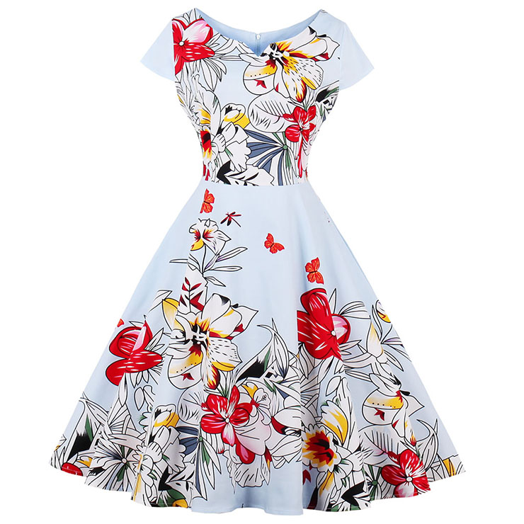 1950's  Vintage Light Blue Big Flower Print Cocktail Swing Dress N14724