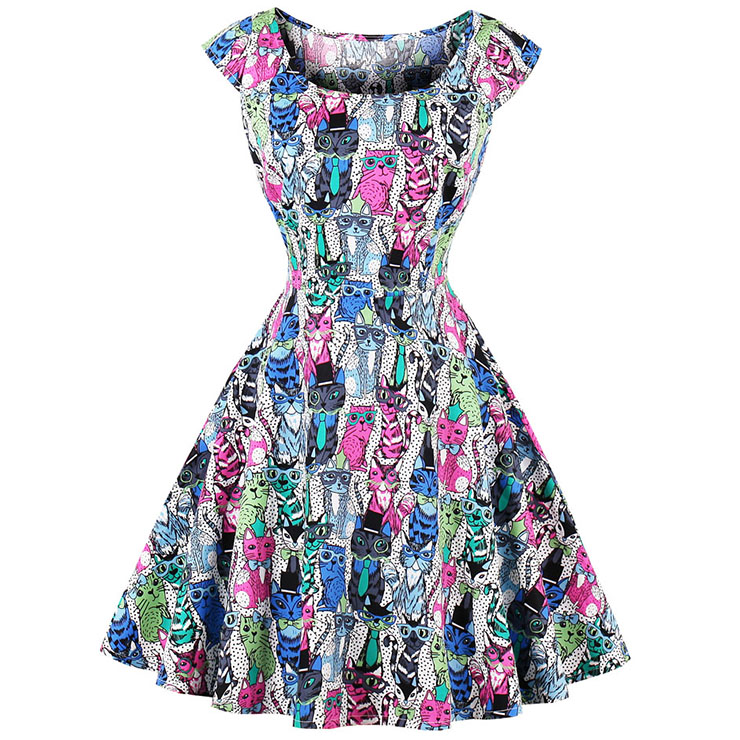 Women 50s Vintage Round Neck Cap Sleeve Cat Print Cocktail Swing Dress N14999