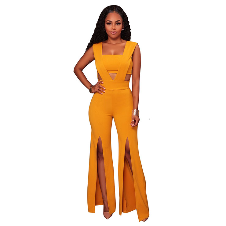 Women's Sexy Yellow Bandeau Patchwork Wide Leg Split One Piece Jumpsuit ...