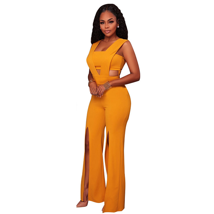 Women's Sexy Yellow Bandeau Patchwork Wide Leg Split One Piece Jumpsuit ...