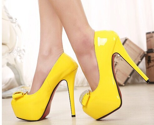 Yellow Sweet Style Rhinestone Patent Leather High-heeled Shoes SWS20205