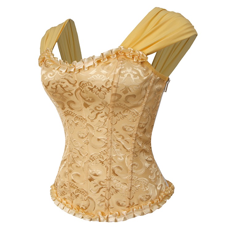 yellow bustier, vintage corset, brocade corset, ruffle trim, Baroque style, dance costume, Renaissance wear, lace-up back, theatrical corset, historical costume, metallic brocade, vintage performance wear, puffed sleeve corset, bridal corset, adjustable corset #N237866